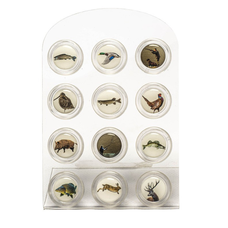 Bouchon verre Vinolok decor CHASSE et PECHE + presentoir