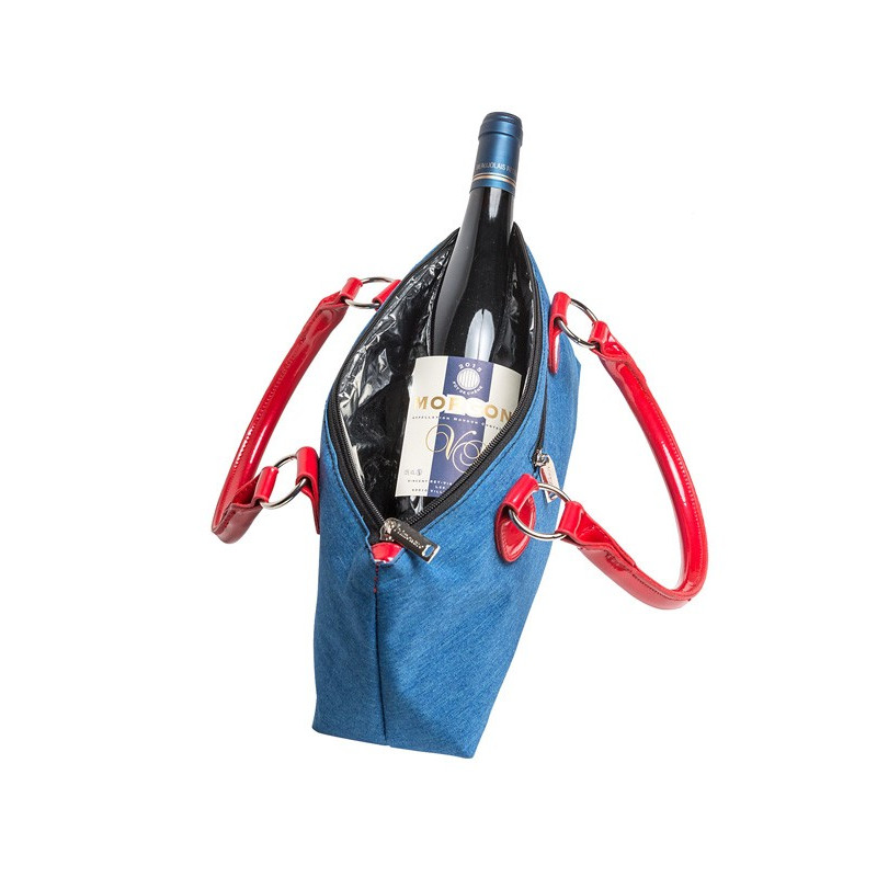 Sac haute couture isotherme bleu et rouge 1 bouteille avec son tire-bouchon